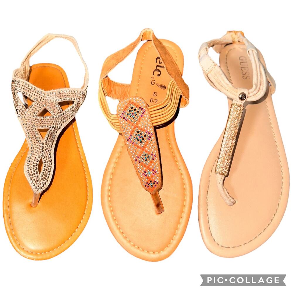 Lot of 3 Embellished T-Strap Slingback Sandals Size 6/7 rhinestone flip flops